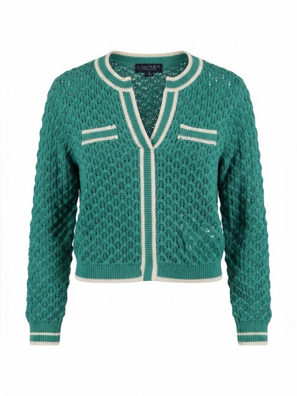 Laundry’s by Shelli Segal Emerald Open-Knit Cardigan with Cream Trim